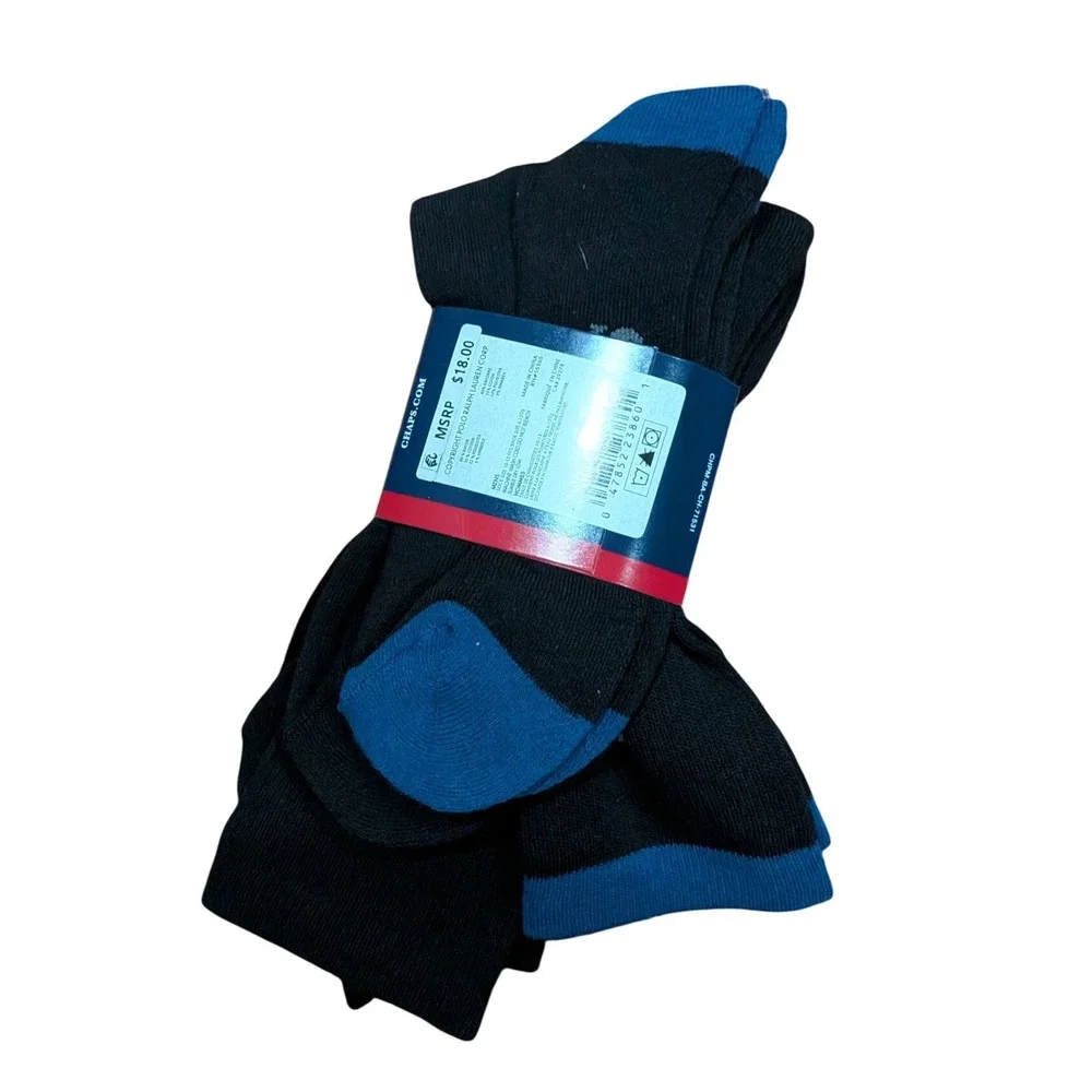 Chaps Mens Pima Cotton Blend Performance Crew Socks 3 Pairs Black Blue NEW